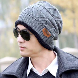 Stijl Mode Mannen Patchwork Winter Warm Haak Knit Baggy Beanie Wol Schedel Hoed Ski Cap Sjaal Set Grijs