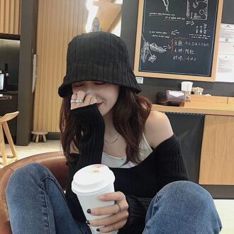 Stof Stijl Katoen Linnen Visser Hoed Vrouwen Effen Kleur Verticale Streep Bassin Hoed Mode Emmer Hoed zwart