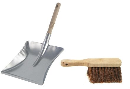 Stofblik verzinkt met houten steel en handveger met kokosvezels - Stoffer en blik Zilverkleurig