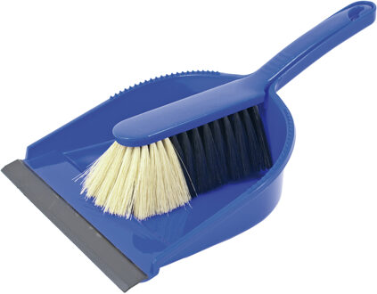 Stoffer en blik - 2x - kunststof - 36 x 23 cm - donkerblauw - met rubber rand