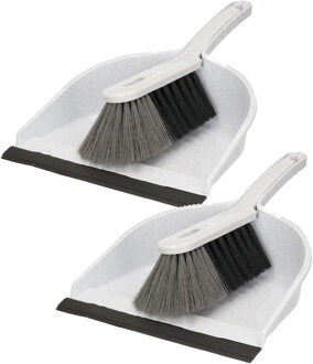 Stoffer en blik - 2x - kunststof - 36 x 23 cm - grijs - met rubber rand