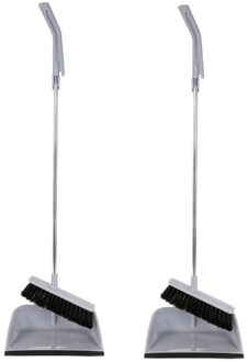 Stoffer en Blik - 2x - lange steel - grijs - kunststof /metaal - 90cm - bezem / stoffer