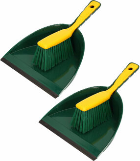 Stoffer en blik - 2x - voor buiten - 35 x 25 cm - groen/geel - kunststof