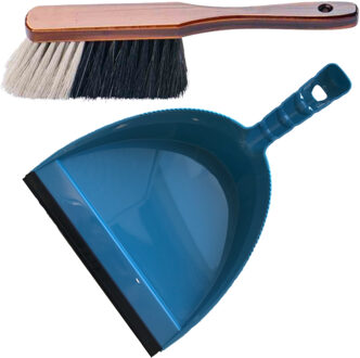 Stoffer en blik blauw/bruin van kunststof met lip voor binnen