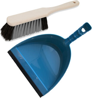 Stoffer en blik blauw van kunststof/hout met lip voor binnen - Stoffer en blik