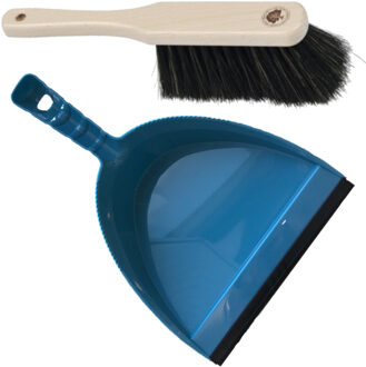 Stoffer en blik blauw van kunststof/hout met lip voor binnen