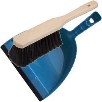 Stoffer en blik blauw van kunststof/hout met lip voor binnen