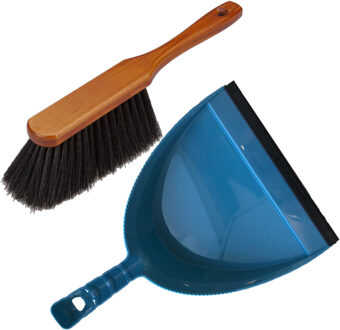 Stoffer en blik blauw van kunststof/hout met lip voor binnen