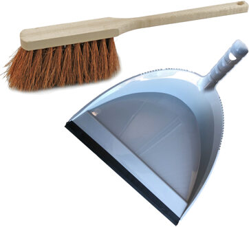 Stoffer en blik grijs van kunststof/hout/kokosvezel met lip en lange steel voor binnen