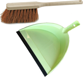 Stoffer en blik groen van kunststof/hout/kokosvezel met lip en lange steel voor binnen