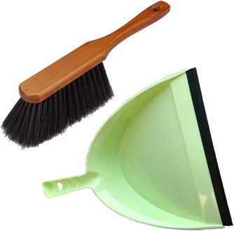 Stoffer en blik groen van kunststof/hout met lip voor binnen