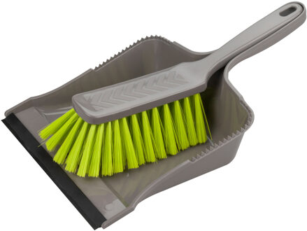 Stoffer en blik - kunststof - 35 x 25 cm - grijs/groen - met rubber rand