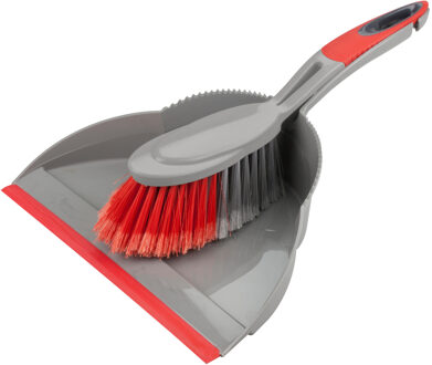 Stoffer en blik - kunststof - 35 x 25 cm - grijs/rood