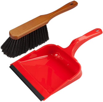 Stoffer en blik rood van kunststof/bruin gelakt hout met lip voor binnen - Stoffer en blik