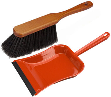 Stoffer en blik rood van metaal/gelakt hout met lip voor binnen - Stoffer en blik