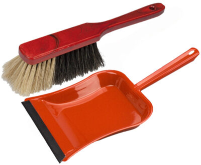 Stoffer en blik rood van metaal/gelakt mahonie hout met lip voor binnen