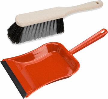 Stoffer en blik rood van metaal/hout met lip voor binnen - Stoffer en blik