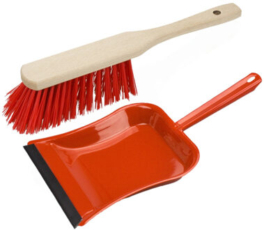 Stoffer en blik rood van metaal/hout met lip voor buiten