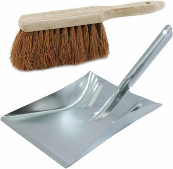 stoffer en blik set - blik 37 x 24 in zilver - verzinkt metaal - en kokosvezel veger