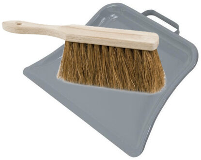 Stoffer en blik set Dirtmaster - blik metaal - naturel/grijs - 32 x 22 cm - borstel haar hard