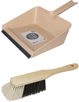 Stoffer en blik set Freya - blik kunststof - beige - 38 x 30 cm - borstel hout 30 cm