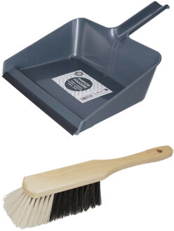 Stoffer en blik set Freya - blik kunststof - donkerblauw - 38 x 30 cm - borstel hout 30 cm