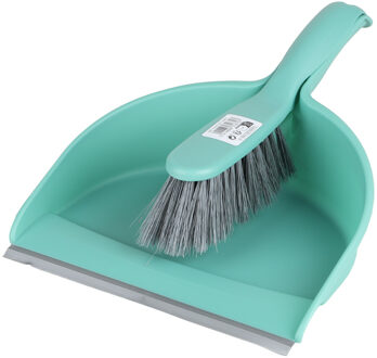 Stoffer en blik set - jade groen - zachte borstel - kunststof - 32 x 22 cm - Stoffer en blik