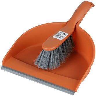 Stoffer en blik set - oranje - zachte borstel - kunststof - 32 x 22 cm - Stoffer en blik