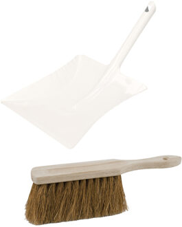 Stoffer en Blik set Thor - voor buiten - blik van metaal - wit - 38 x 23 cm - borstel hout 28 cm