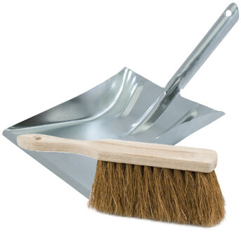 Stoffer en Blik set Thor - voor buiten - blik van metaal - zilver - 38 x 23 cm - borstel hout 28 cm