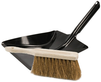 Stoffer en Blik set Thor - voor buiten - blik van metaal - zwart - 38 x 23 cm - borstel hout 28 cm