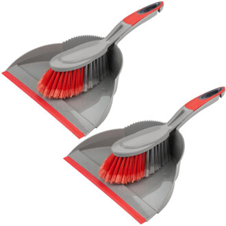 Stoffer en blik - Set van 2x stuks - kunststof - 35 x 25 cm - grijs/rood