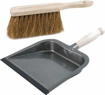 Stoffer en blik set - van zilver metaal - en kokosvezel - voor binnen en buiten