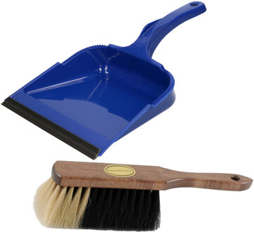 Stoffer en blik set - Vienna - blik kunststof blauw 35 x 23 cm - borstel zacht paardenhaar 29 cm