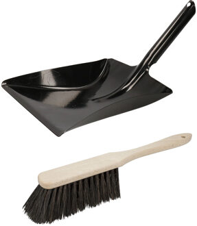 Stoffer en Blik set Vikan - voor buiten - blik van metaal - zwart - 38 x 23 cm - borstel hout 38 cm