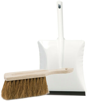 Stoffer en blik set voor buiten - wit/naturel - verzinkt metaal - hout met extra veel kokosharen