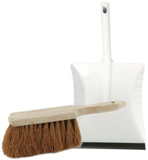 Stoffer en blik set voor buiten - wit/naturel - verzinkt metaal - hout met kokosharen