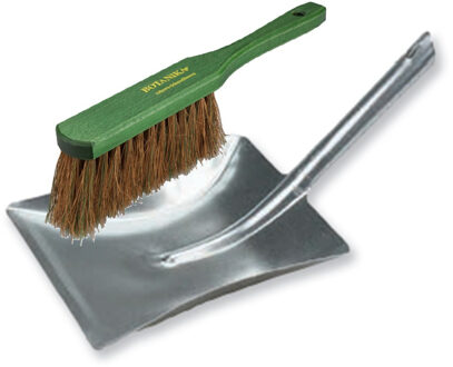 Stoffer en blik set voor buiten - zilver/groen - verzinkt metaal - hout met kokosharen