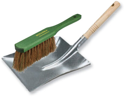 Stoffer en blik set voor buiten - zilver/groen - verzinkt metaal - hout met kokosharen