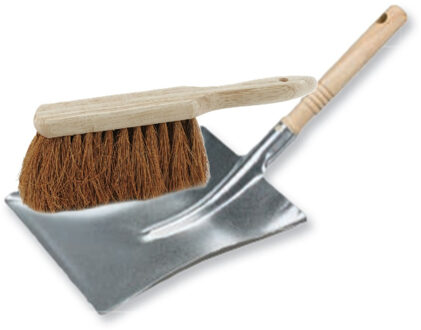 Stoffer en blik set voor buiten - zilver/naturel - verzinkt metaal - hout met kokosharen