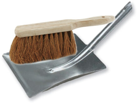 Stoffer en blik set voor buiten - zilver/naturel - verzinkt metaal - hout met kokosharen