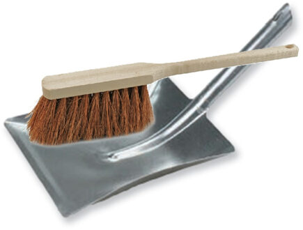 Stoffer en blik set voor buiten - zilver/naturel - verzinkt metaal - hout met kokosharen