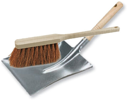 Stoffer en blik set voor buiten - zilver/naturel - verzinkt metaal - hout met kokosharen