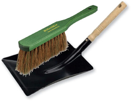 Stoffer en blik set voor buiten - zwart/groen - verzinkt metaal - hout met kokosharen