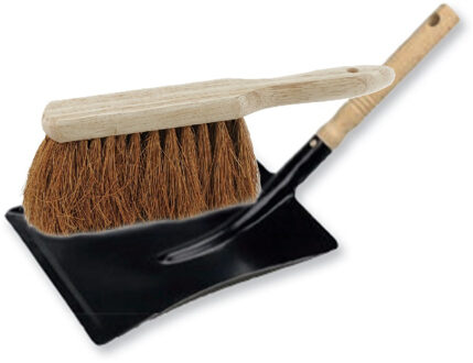 Stoffer en blik set voor buiten - zwart/naturel - verzinkt metaal - hout met kokosharen