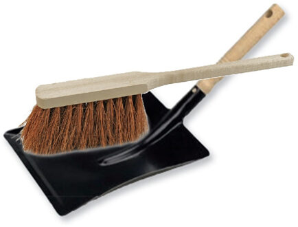 Stoffer en blik set voor buiten - zwart/naturel - verzinkt metaal - hout met kokosharen