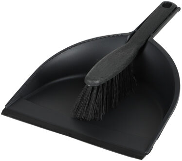 Stoffer en blik set - zwart - zachte borstel - kunststof - 32 x 22 cm - Stoffer en blik