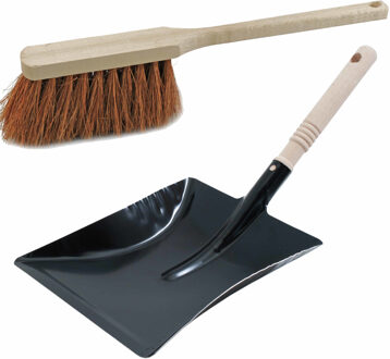 Stoffer en blik van zwart metaal - en kokosvezel veeg borstel - voor binnen en buiten