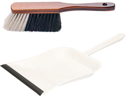 Stoffer en blik wit/bruin van metaal met lip voor binnen