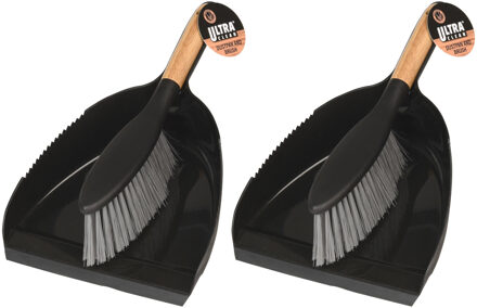 Stoffer en blik zwart plastic/bamboe 22 x 34 cm - Set van 2x stuks - Schoonmaken/Huishouden